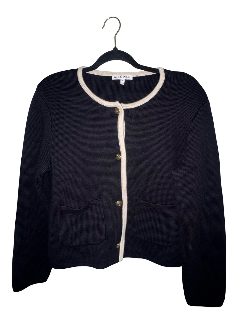Alex Mill Large Navy Cream Trim Button Cardigan Sweater Quiet Luxury Coastal - Picture 2 of 8